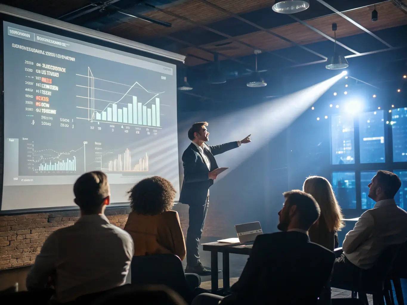 A speaker presenting on stage at a PuritanApp IT conference, with a slide highlighting key investment strategies and growth opportunities. The audience is attentive and engaged, taking notes and asking questions.