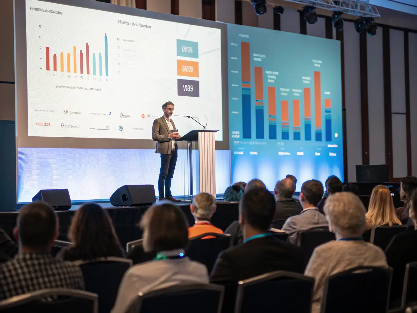 A photograph of a keynote speaker presenting on stage at an IT conference, with a large screen displaying data analytics and investment charts.