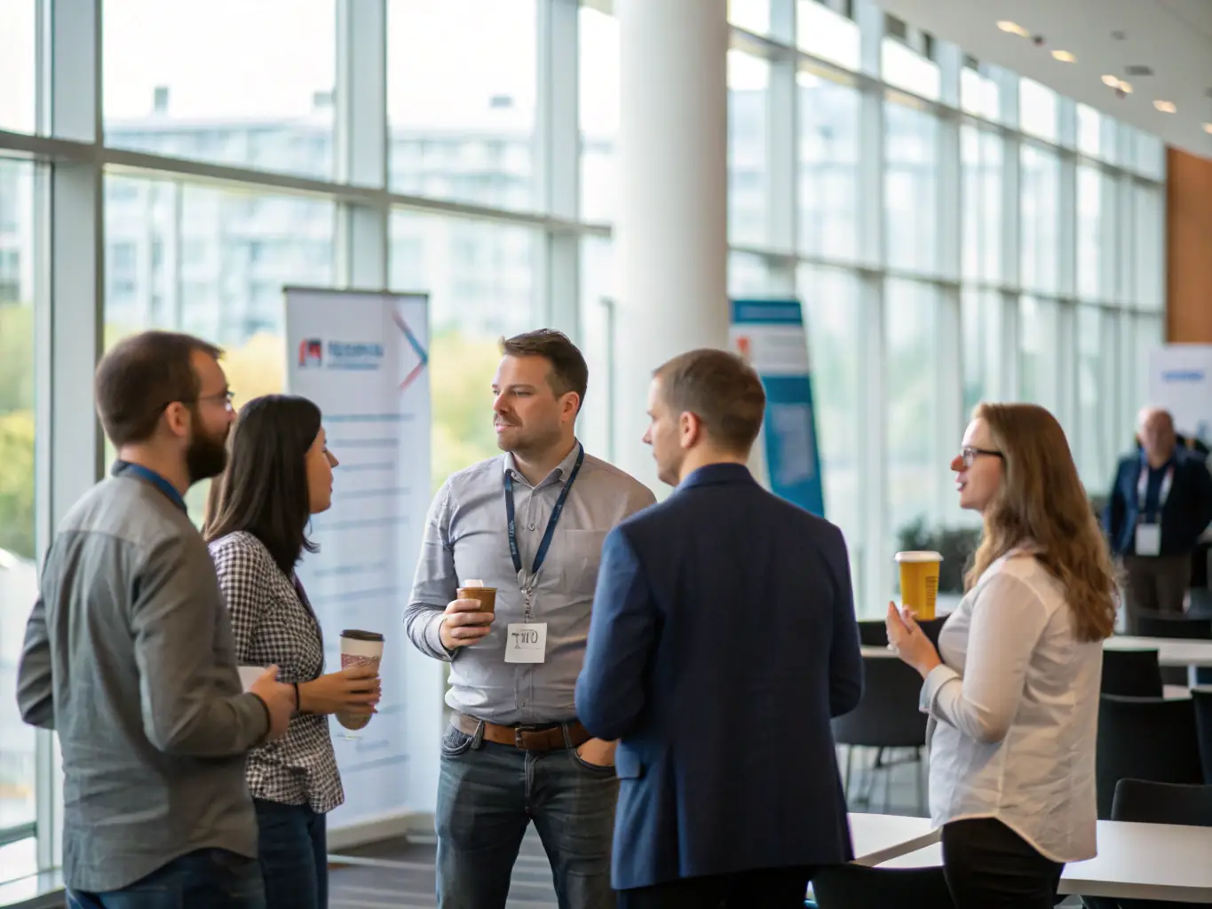 A photograph of a diverse group of professionals networking during a coffee break at an IT conference, with company logos subtly displayed in the background.