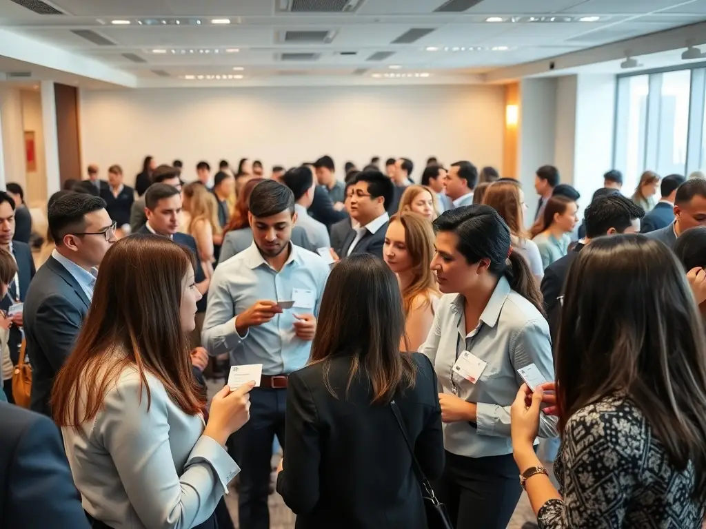 A diverse group of professionals networking at a PuritanApp IT conference, exchanging business cards and engaging in lively conversation. The atmosphere is energetic and collaborative, emphasizing the value of in-person connections.